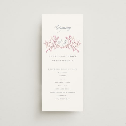 This is a rosebud unique wedding programs with standard by Petra Kern called monogrammed printing on signature in 4x9