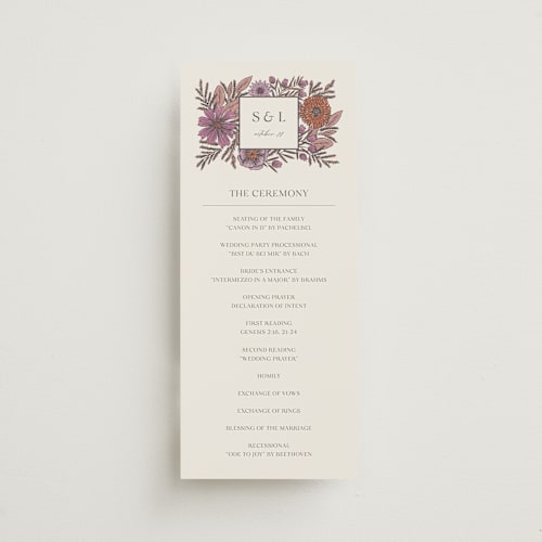 This is a sangria unique wedding programs with standard by Jen Owens called fleur printing on signature in standard