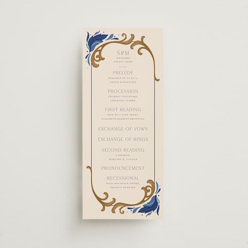 This is a cerulean unique wedding programs with standard by GeekInk Design called gilded printing on signature in standard