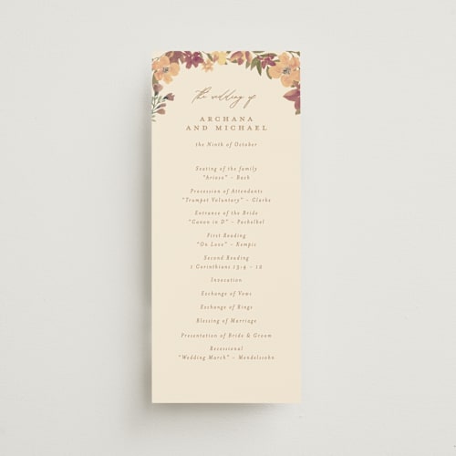 This is a amber unique wedding programs with standard by Creo Study called nilgiri printing on signature in 4x9
