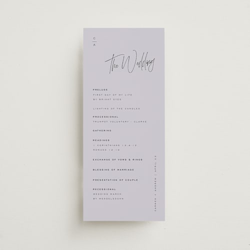 This is a lilac unique wedding programs with standard by Michelle Taylor called signature script printing on signature in standard