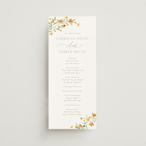 This is a citrine unique wedding programs with standard by Everett Paper Goods called sweeping meadow printing on signature in standard