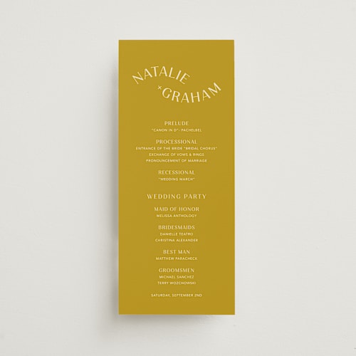 This is a marigold unique wedding programs with standard by Stacey Day called swoop printing on signature in standard