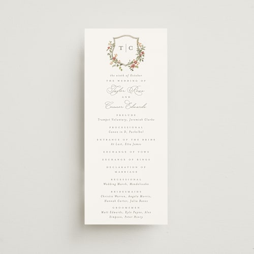 This is a mulberry unique wedding programs with standard by Everett Paper Goods called foliage crest printing on signature in standard