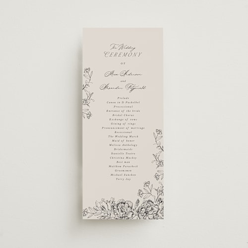 This is a stone unique wedding programs with standard by Phrosné Barwood called etched floral printing on signature in standard
