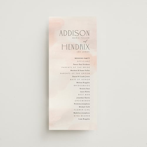 This is a blush unique wedding programs with standard by Itsy Belle Studio called first light printing on signature in standard