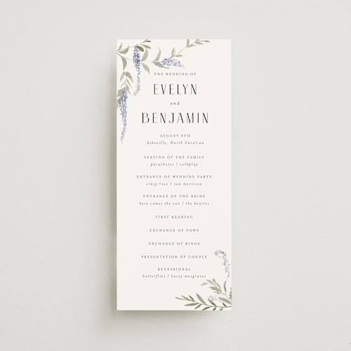 This is a lavender unique wedding programs with standard by Design Lotus called enchanted evening printing on signature in standard