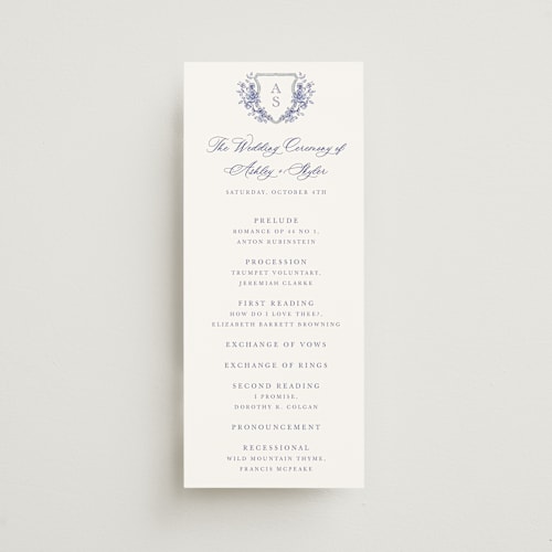This is a dusty blue unique wedding programs with standard by Cass Loh called watercolor flowers crest printing on signature in standard