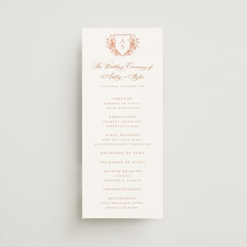 This is a coral unique wedding programs with standard by Cass Loh called watercolor flowers crest printing on signature in standard