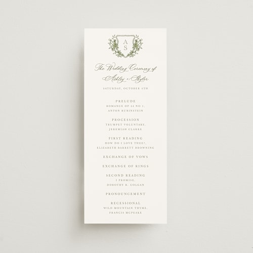 This is a moss unique wedding programs with standard by Cass Loh called watercolor flowers crest printing on signature in 4x9