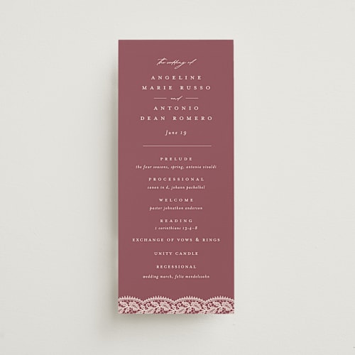 This is a mauve unique wedding programs with standard by Erica Krystek called chantilly printing on signature in standard