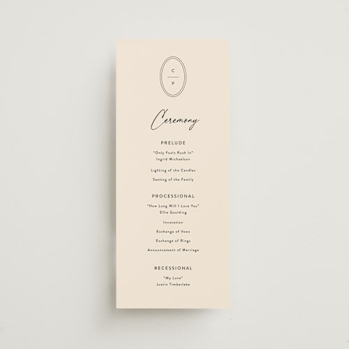 This is a sand unique wedding programs with standard by Carolyn MacLaren called script and monogram printing on signature in standard