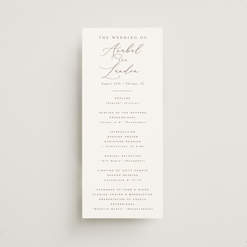 This is a pearl unique wedding programs with standard by Hooray Creative called luxe script printing on signature in standard