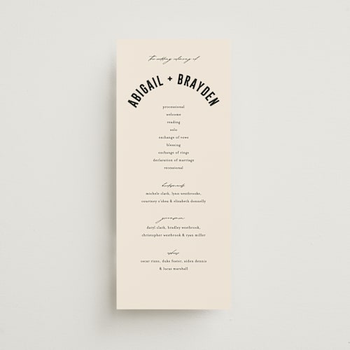 This is a cream unique wedding programs with standard by Pixel and Hank called spin printing on signature in standard