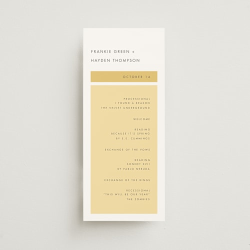 This is a buttercup unique wedding programs with standard by Snow and Ivy called colorfield printing on signature in 4x9