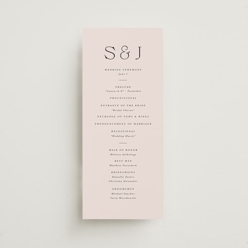 This is a mauve unique wedding programs with standard by Olivia Kanaley Inman called antique ribbon printing on signature in 4x9