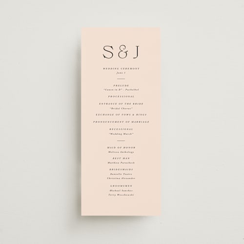 This is a coral unique wedding programs with standard by Olivia Kanaley Inman called antique ribbon printing on signature in standard