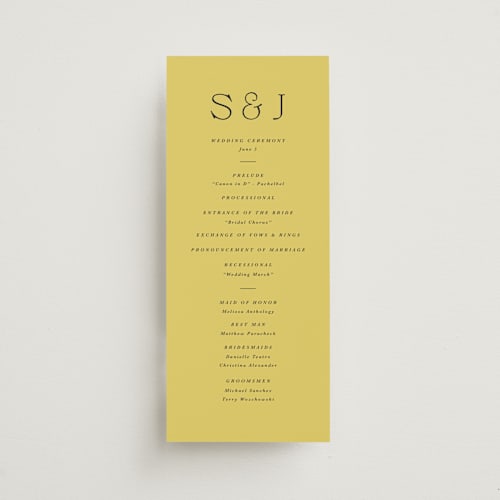 This is a citrine unique wedding programs with standard by Olivia Kanaley Inman called antique ribbon printing on signature in standard