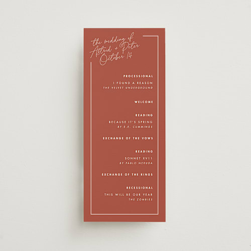 This is a peach cream unique wedding programs with standard by Snow and Ivy called jot printing on signature in standard