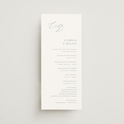 This is a dusty blue unique wedding programs with standard by Jennifer Postorino called graceful printing on signature in standard