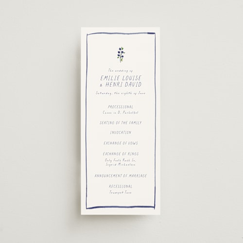 This is a cornflower unique wedding programs with standard by Mere Paper called blue bells printing on signature in standard