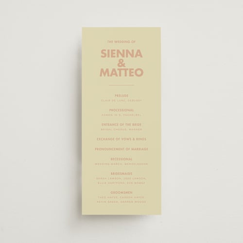 This is a salmon unique wedding programs with standard by Ellen Schlegelmilch called sienna printing on signature in 4x9