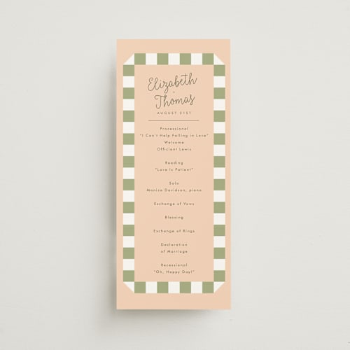 This is a peach unique wedding programs with standard by Baumbirdy called boardwalk printing on signature in standard
