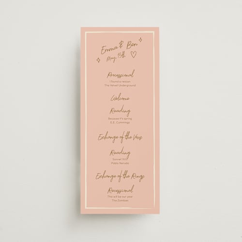 This is a butterscotch unique wedding programs with standard by Helena Vitto called handwritten letter printing on signature in standard