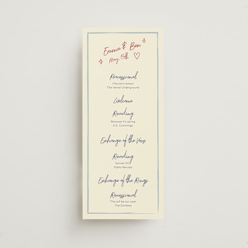 This is a blue velvet unique wedding programs with standard by Helena Vitto called handwritten letter printing on signature in 4x9