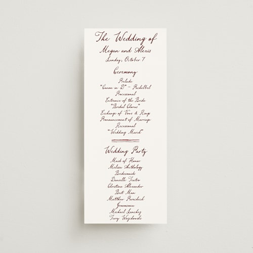 This is a wine unique wedding programs with standard by Cass Loh called handwritten printing on signature in standard