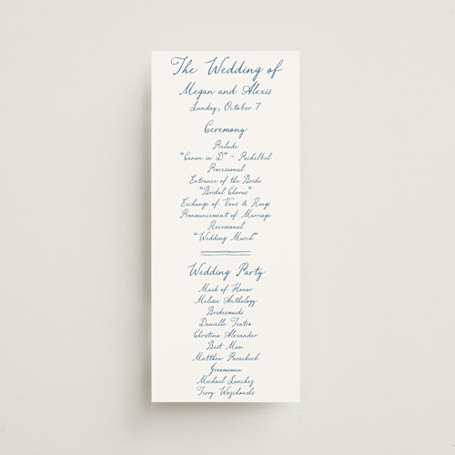 This is a neptune unique wedding programs with standard by Cass Loh called handwritten printing on signature in 4x9