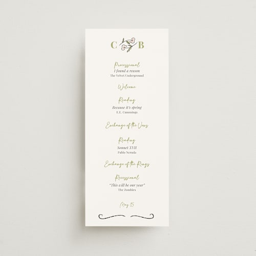 This is a olive unique wedding programs with standard by Helena Vitto called the pairfect printing on signature in 4x9