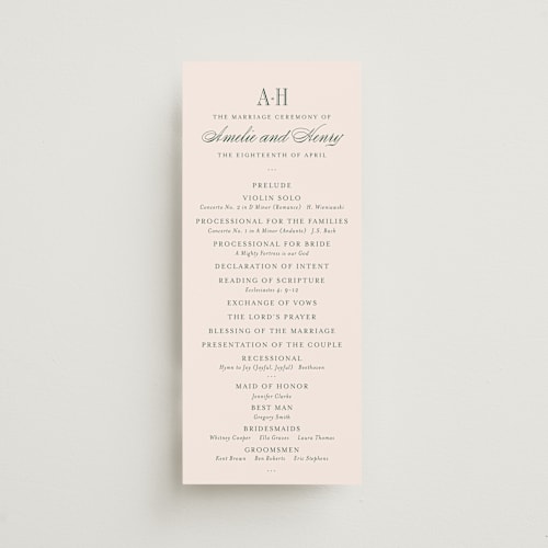 This is a rose unique wedding programs with standard by Megan Davis called hepburn printing on signature in 4x9