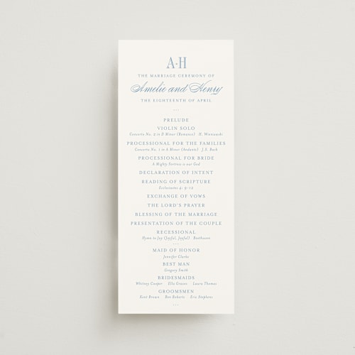 This is a sky unique wedding programs with standard by Megan Davis called hepburn printing on signature in 4x9