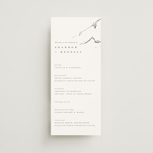 This is a snow unique wedding programs with standard by Mere Paper called sketched mountains printing on signature in 4x9