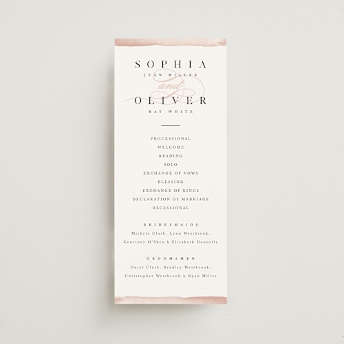 This is a blush unique wedding programs with standard by Pixel and Hank called first love printing on signature in standard