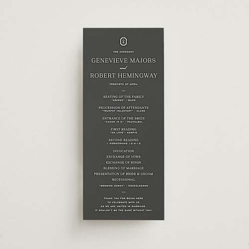 This is a charcoal unique wedding programs with standard by Megan Davis called upper east printing on signature in 4x9