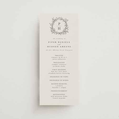 This is a cotton unique wedding programs with standard by Kate Ahn called leafy wreath printing on signature in standard