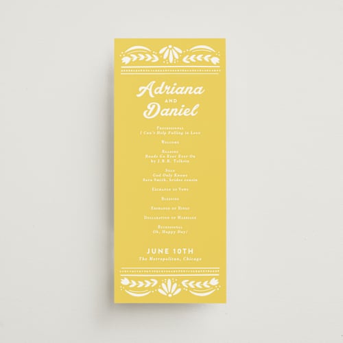 This is a sunshine unique wedding programs with standard by Jessie Steury called pretty picado printing on signature in 4x9