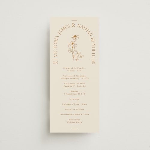 This is a cream unique wedding programs with standard by Baumbirdy called floral type arch printing on signature in standard