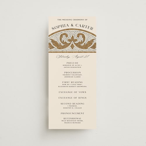 This is a sand unique wedding programs with standard by GeekInk Design called floral mosaic printing on signature in 4x9