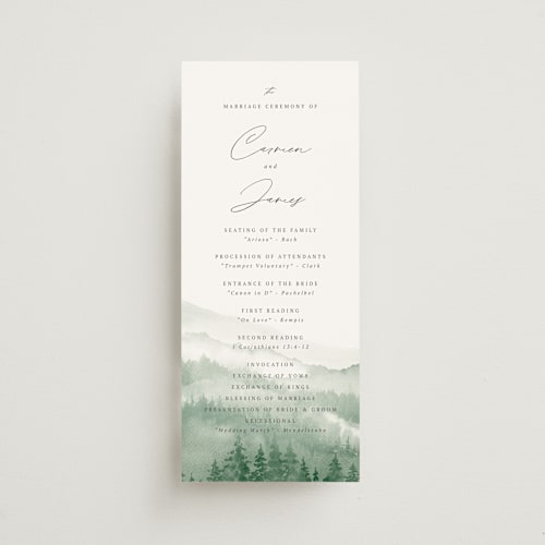 This is a fern unique wedding programs with standard by Helen Halik called over the mountains printing on signature in standard