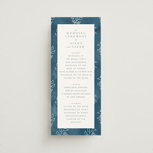 This is a indigo unique wedding programs with standard by Nazia Hyder called kantha quilt printing on signature in standard