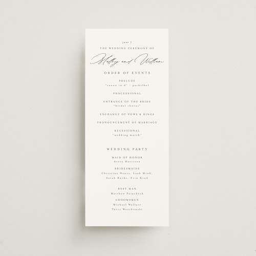 This is a ecru unique wedding programs with standard by Anna Elder called cielo printing on signature in 4x9