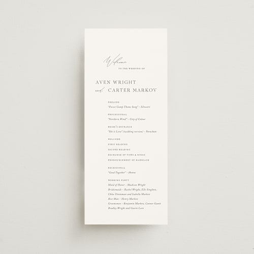 This is a ink unique wedding programs with standard by Jennifer Postorino called storybook printing on signature in 4x9