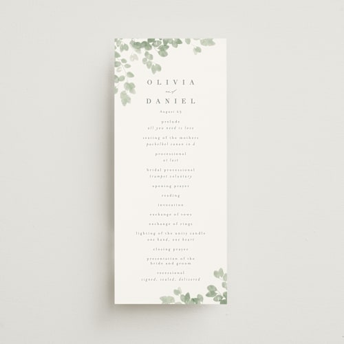 This is a eucalyptus unique wedding programs with standard by Kristie Kern called vining printing on signature in 4x9