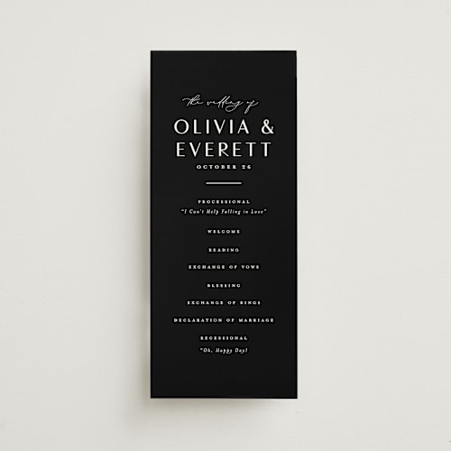 This is a onyx unique wedding programs with standard by Emily Betts called modern classic names printing on signature in 4x9