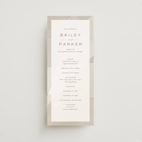 This is a sandstone unique wedding programs with standard by Kate Ahn called gossamer printing on signature in standard