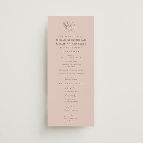 This is a blush unique wedding programs with standard by Lucrecia Caporale called delicate monogram printing on signature in standard