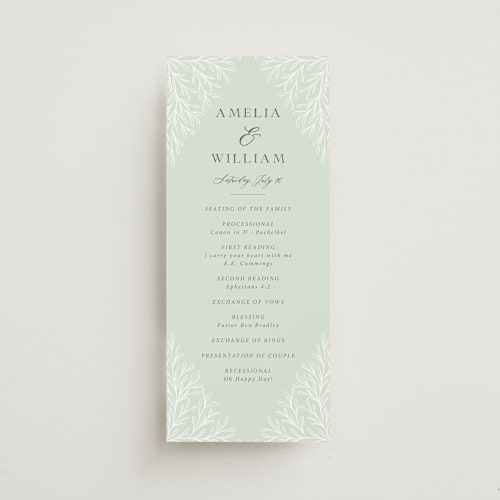 This is a sage unique wedding programs with standard by Kristen Knechtel called fairy forest printing on signature in standard